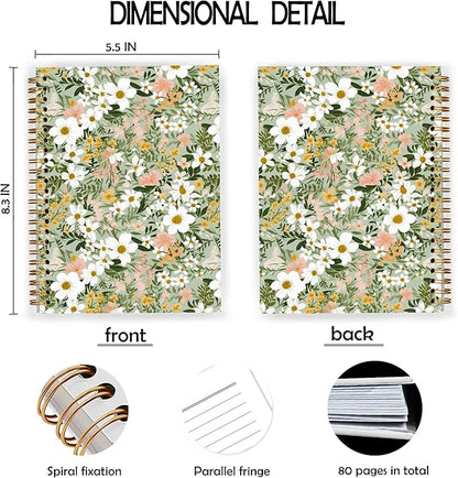 Sage Green Floral Spiral Notebook, Cottagecore Daisy Flower Notebook for Note Taking, Wildflower Aesthetic Botanical Journal for Writing, 5.5x8.3 Inch