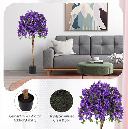 GOFLAME 53" Artificial Bougainvillea Tree, 2 Pack Faux Silk Flower Plant in Pot with 576 Flowers & 288 Leaves, Indoor Outdoor Fake Bougainvillea for Home, Office and Garden Decor, Purple