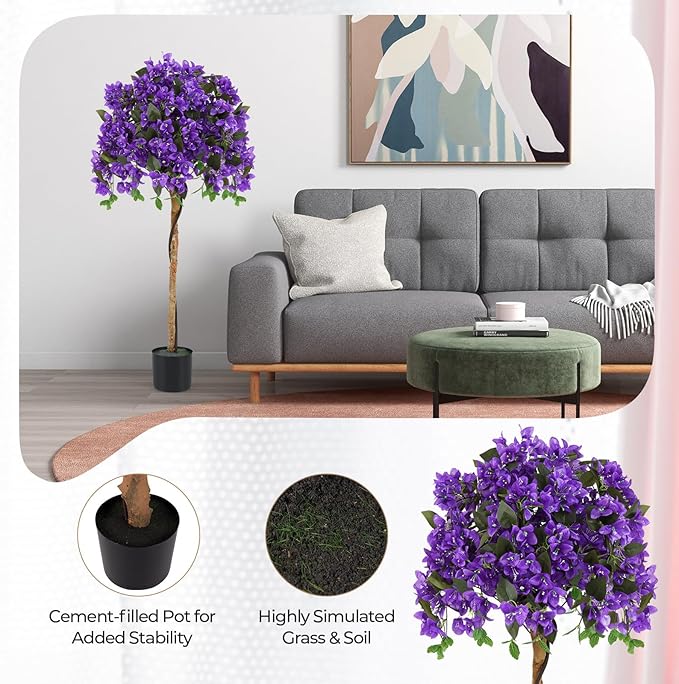 GOFLAME 53" Artificial Bougainvillea Tree, Faux Silk Flower Plant in Pot with 576 Flowers & 288 Leaves, Indoor Outdoor Fake Bougainvillea for Home, Office and Garden Decor, Purple