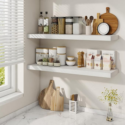 Fun Memories 36 Inch Floating Shelves, 9.3 Inch Deep Rustic Wall Shelves - Extra Deeper Wall Mounted Storage Shelves for Bathroom, Kitchen, Living Room (White, Set of 2)