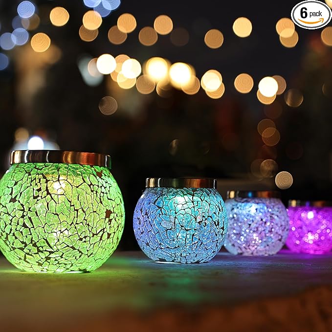 Cooo 6 Pack Heavy Solar Mosaic Crackle Glass Lights with Dual Solar Panels, Color-Changing RGB Lantern, Exclusive Dazzling Glass, Waterproof Outdoor Table Lamps Garden Lamp Christmas Decorations