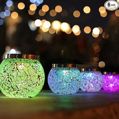 Cooo 6 Pack Heavy Solar Mosaic Crackle Glass Lights with Dual Solar Panels, Color-Changing RGB Lantern, Exclusive Dazzling Glass, Waterproof Outdoor Table Lamps Garden Lamp Christmas Decorations