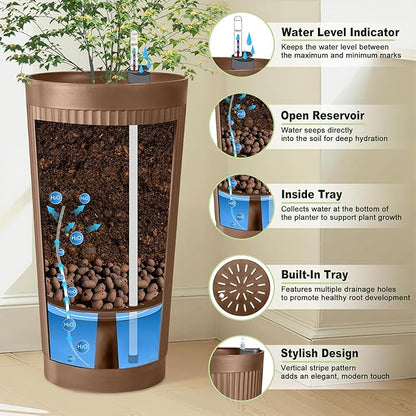 24" Tall Self Watering Planters for Indoor Plants, 2 Pack Large Plastic Outdoor Planter Pots with Built-In Water Reservoir and Level Indicator, Decorative Modern Flower Pots for Home & Patio (Brown)