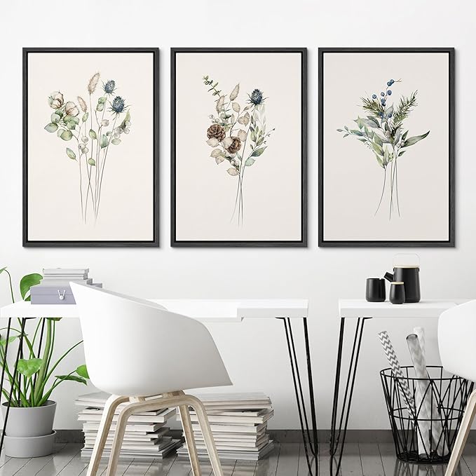 Ashbrook Framed Canvas Print Wall Art Set Wildflower Bouquet Nature Wilderness Illustrations Modern Art Decorative Floral Botanical Minimal Calm/Relax/Cozy for Bedroom - 24"x36"x3 BLACK