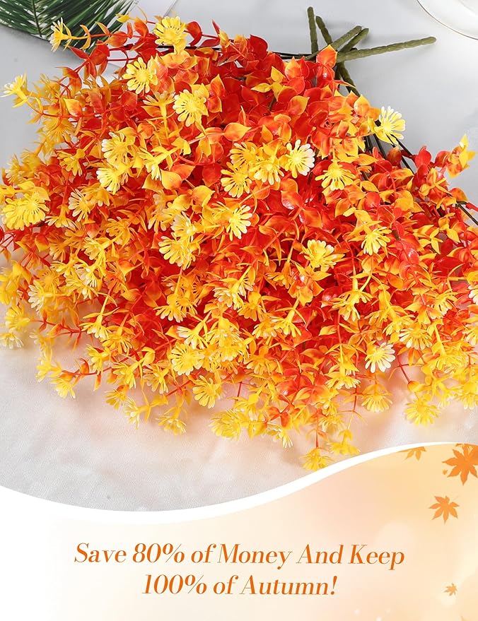 16 Bundles Artificial Flowers for Fall Outdoors Decoration - Fake Mums Faux Artificial Plants Plastic Flower No Fade for Harvest Halloween Thanks Giving Day Decor