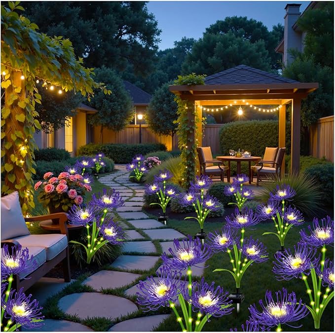 Solar Outdoor Lights Purple Spider Lily – 4 Pack 12-Head Waterproof Garden Flower Lights with Glowing Stems,Decorative Solar Powered Yard,Patio & Lawn Decor, Gardening Gifts for Women Grandma
