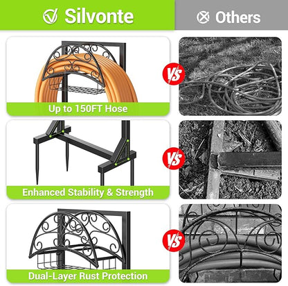 Garden Hose Holder – Freestanding Water Hose Holder with Storage Basket, Sturdy Metal Hose Stand and Hanger, Heavy-Duty Garden Hoses Storage Rack for Outside, Supports 151FT