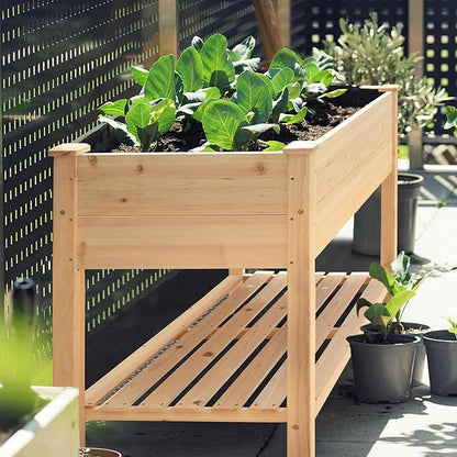 48x24x33in Raised Garden Bed Featuring Legs, Outdoor Elevated Wood Planted Box Equipped with Wheels & Shelf for Vegetable, Flower, Backyard and Patio, Natural