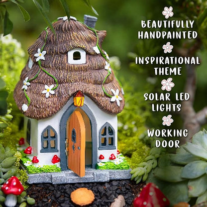 WILD PIXY Fairy Garden House - Glow in The Dark Fairy Cottage with Opening Door and Solar LED Light, Beautiful Miniature Garden Decoration for Indoor or Outdoor Fairy Gardens - 7.1" Fairy House