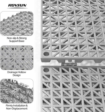 ROVSUN 40 PCS Interlocking Drainage Mat, 12’’x12’’ Drainage Tiles Interlocking,Soft PVC Floor Tiles, Non-Slip Drainage Holes for Restroom, Bathroom, Pool, Kitchen, Wet Areas,Grey