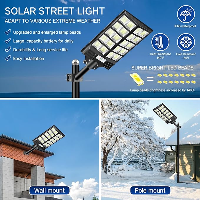 Solar Street Light 8000W, Solar Street Light Outdoor High Lumens, Solar Parking Lot Lights 6500K, Solar Lights Outdoor Motion Sensor Dusk to Dawn for Parking Lot, 2 Pack