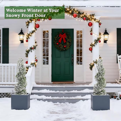 THE BLOOM TIMES 3ft Snow-Flocked Spiral Artificial Topiary Trees Set of 2, 36 inch Faux Cedar Trees for Front Porch Christmas Planter Decor, Fake Plants for Indoor or Covered Outside Display 3 Foot