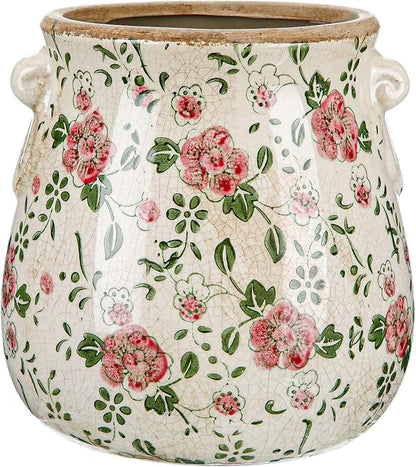 Ceramic Scroll Planter 6.5 Inch Chinoiserie Floral Vase with Drainage Holes Vintage Flower Vase Flower Pot Rustic Ceramic Pots for Indoor Plants Garden Home Bookshelf Decor (Red Plum)