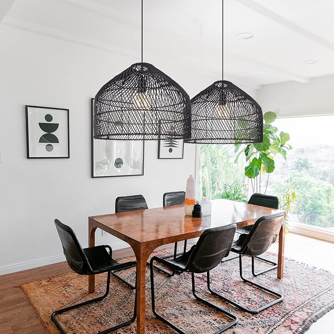 Arturesthome Black Rattan Pendant Lights Lampshade, Wicker Boho Chandelier for Kitchen Island Dining Room Entryway Foyer W 16.5"* H13