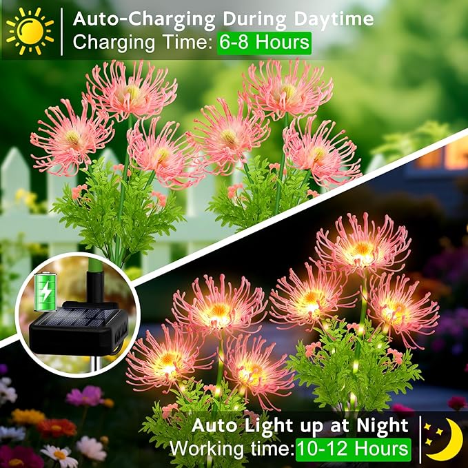 Solar Garden Flower Lights Outdoor,4 Pack 12-Head Pink Spider Lily Waterproof with Glowing Stems,Elegant Yard & Patio Decor,Ideal Valentine's,Thanksgiving & Gardening Gifts for Women,mothers & Grandma