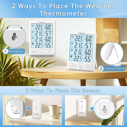 Geevon Indoor Outdoor Thermometer Wireless, 5-Inch Display Digital Hygrometer Thermometer Temperature Humidity Monitor with 3 Remote Sensors and Backlight, Battery-Powered(White)