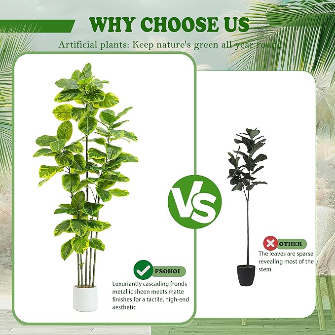 Ficus Tree Artificial Plants Indoor, 6FT Tall Fake Trees in White Pot, Large Potted Silk Floor Plant Artificial Trees, Green Lifelike Faux Ficus Tree for Home Room Office Porch Decor-Yellow