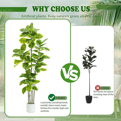 Ficus Tree Artificial Plants Indoor, 6FT Tall Fake Trees in White Pot, Large Potted Silk Floor Plant Artificial Trees, Green Lifelike Faux Ficus Tree for Home Room Office Porch Decor-Yellow