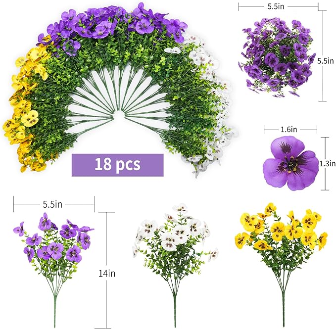18 Bundles Artificial Flowers for Outdoor, UV Resistant Fake Pansy Flowers, Silk Faux Fowers for Outdoor Planters Home Garden Office Patio Front (Yellow/Purple/White)