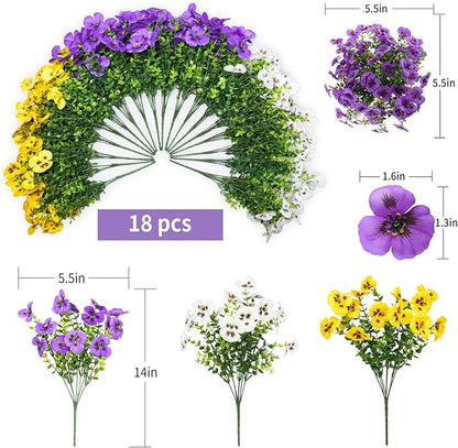 18 Bundles Artificial Flowers for Outdoor, UV Resistant Fake Pansy Flowers, Silk Faux Fowers for Outdoor Planters Home Garden Office Patio Front (Yellow/Purple/White)