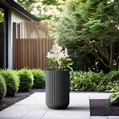 Kante Tall Fulted Planter, 17.7 Inch Tall Round Concrete Plant Pots with Drainage Hole and Rubber Plug, Modern Decor for Indoor Outdoor Plants, Flower, Black