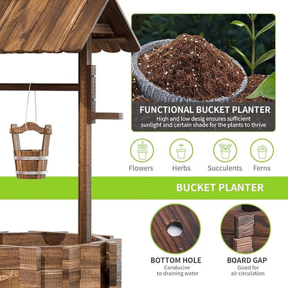 Aoxun Outdoor Wooden Wishing Well Planters with Hanging Bucket, Garden Helper, Rustic Garden Decor for Outside, Yard and Patio, Upgrade - Reinforced Base, Brown