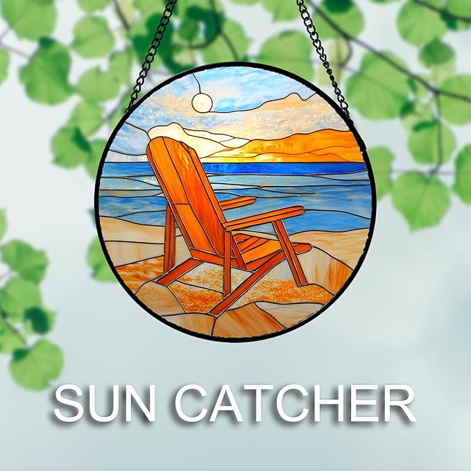 Stained Glass Window Hanging 4 Pcs Set Blue Orange Ocean Beach Theme 9.8" - Suncatcher Door Garden Sun Catcher Decor Birthday Christmas for Mom Woman Nana Men Wife