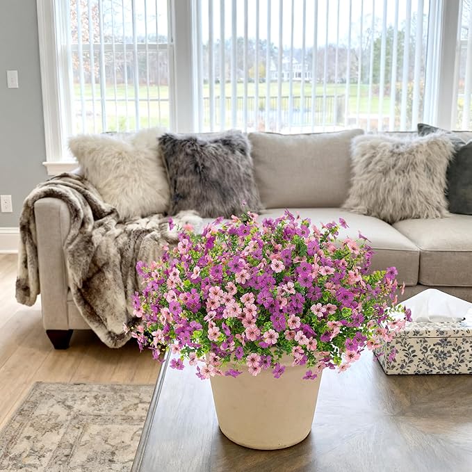 Artificial Fake Mums Flowers for Outdoor Fall Decor, 12 Bundles Faux Silk Daisy Plants for Planter Pot Colorful UV Resistant Look Real for Front Door Porch Patio Outside Yard(Purple Pink)
