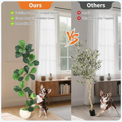 5ft Artificial Fiddle Leaf Fig Tree, Tall Fake Plants with White Planters, Artificial Plants Indoor with Realistic Moss for Home Decor Office Living Room
