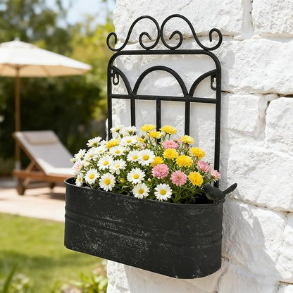 Rustic Metal Wall Planter Vintage Wall Mounted Flower Pot Distressed Wall Hanging Plant Basket Farmhouse Wall Decor for Indoor Outdoor Garden Home Yard (Black)