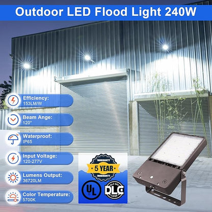 240W LED Flood Light Outdoor, 5700K Daylight LED Stadium Flood Lights, 36720LM Exterior Parking lot Area Lighting, IP65 Waterproof for Stadium,Arena,Parking Lot 120-277VAC,UL&DLC Listed