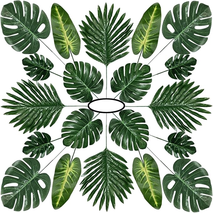 60 Pieces 5 Kinds Artificial Palm Leaves with Faux Stem, Tropical Party Decorations Jungle Monstera Leaves Safari Leaves for Hawaiian Luau Party Jungle Beach Table Leave Decorations