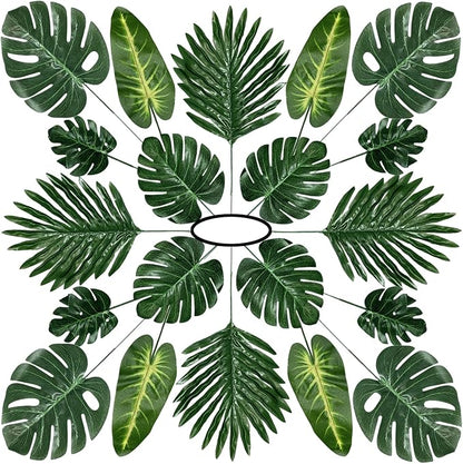 60 Pieces 5 Kinds Artificial Palm Leaves with Faux Stem, Tropical Party Decorations Jungle Monstera Leaves Safari Leaves for Hawaiian Luau Party Jungle Beach Table Leave Decorations