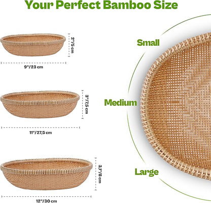 Set of 3 Handwoven Bamboo & Rattan Baskets – Woven Bread Basket & Fruit Bowl for Kitchen Counter, Decorative Wicker Tray for Serving Snacks, Pastries & Table Centerpiece