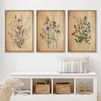 Ashbrook Framed Canvas Print Wall Art Set Vintage Wildflower Bouquet Nature Wilderness Illustrations Modern Art Decorative Floral Botanical Minimal Calm/Relax/Cozy for Bedroom - 24"x36"x3 NATURAL