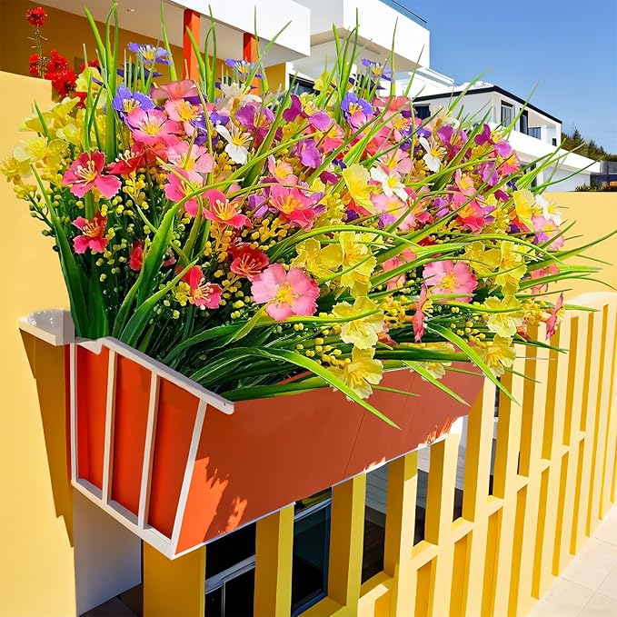 Artificial Flowers Outdoor UV Resistant 12 Bundles Faux Silk Summer Spring Wildflower Plants Plastic Fake Greenery Shrubs for Outside Planter Porch Window Boxes Garden Decoration