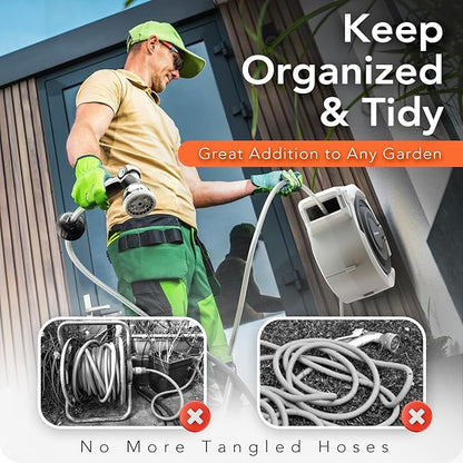 150 FT x 1/2" Retractable Garden Hose Reel by HOZEREEL, Outdoor Garden Hose Reels - Automatic Self Retract Wall Mount Hose Reel Enclosed Storage, Any Length Lock, 10 Pattern Nozzle-Grey
