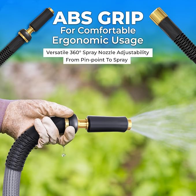 TITAN Garden Hose | Flexible, Lightweight, Kink-Free & Durable Hybrid Water Hose with Heavy Duty Brass Connectors & High-Pressure Jet Nozzle (50FT x 5/8”)