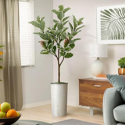 Artificial Tree in Modern Swirl Pattern Planter, Fake Rubber Silk TRE for Indoor and Outdoor Home Decoration - 70" Overall Tall (Plant Pot Plus Tree)