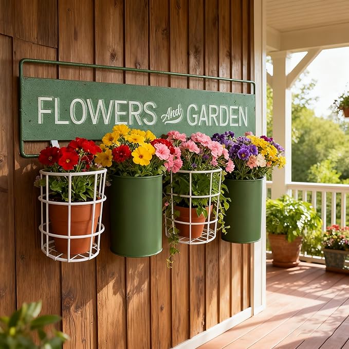 Vintage Metal Hanging Flower Pot Rustic Wall Mounted Planter, Decrative Farmhouse Plants Holder Succulents Tubs for Garden Railing Fence Patio Yard Outdoor Decor