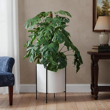 D'vine Dev 16 Inch White Planter Pot with Stand – Modern Plastic Cylinder Flower Pot with Heavy-Duty Metal Stand for Indoor Plants, 55-D-A-5