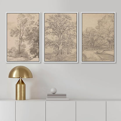 Ashbrook Framed Canvas Print Wall Art Set Retro Vintage Sketchbook Forest Country Landscape Farmhouse Decor Nature Wilderness Illustrations Floral Botanical Retro for Bedroom - 16"x24"x3 WHITE