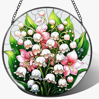 8-Inch Stained Glass Ornament, Stained Glass Window Hanging, Window Hanging Decor Suncatcher, The Valley Lily Flower Ornament | Holiday, Mother's Day, Birthday | Gifts for Flower Lovers, Mom & Grandma