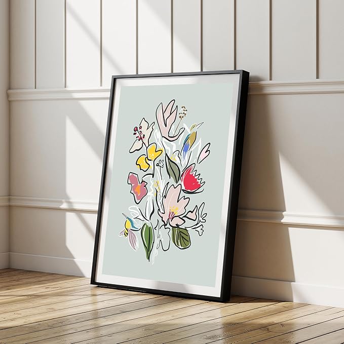 Abstract Floral Framed Wall Art for Bedroom, Colorful Botanical Canvas Prints, Hummingbird Painting Picture, Flower and Bird Wall Decor for Living Room Apartment Dorm Gallery, Hand-drawn Style Canvas Wall Art, Gifts for Friends & Family – 24" x 18"