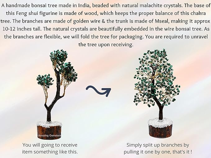 Amazing Gemstone Malachite Crystal Tree - Healing Crystals Stones - Chakra Tree of Life Stocking Stuffers, Bookshelf, Feng Shui, Home Décor, Meditation Gifts