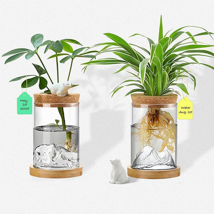 Plant Propagation Stations, 2Pcs Desktop Plants Terrarium Glass Hydroponic Vases with Bamboo Saucer, Water Plants Jars, Mountain-Shaped Bottom, Ideal Gifts for Women Mon Plant Lovers