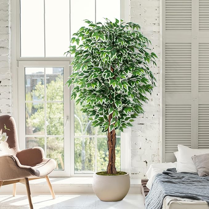6.2ft Ficus Artificial Trees with 3 Natural Curved Trunks, 74" Tall Lush Faux Tree for Home Decor Indoor, Green Lifelike Fake Ficus Tree 1pcs