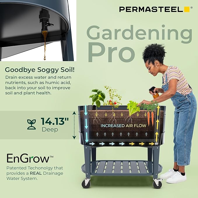 Permasteel Raised Garden Bed with Legs, Planter Box with EnGrow™ TrueSoil™ Technology for Vegetables, Flowers, Herbs, and Fruit, Outdoor Indoor, Storage Shelf, Caster Wheels, Blue