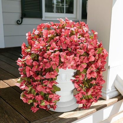 Bougainvillea Artificial Flowers Fake Plants for Outdoors Winter Decoration, 2 pcs Faux Long Trailing Vines UV Resistant Look Real Red Silk Flowers for Outside Planter Front Door Porch Urn Yard Patio