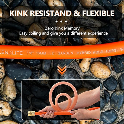 Garden Hose 75ft x 5/8", Custom Length, -40°F to 150°F, All-weather, NO Kink, Flexible, 600 Burst PSI, Leakproof Water Hose with Additional Customizable Solid GHT Fittings
